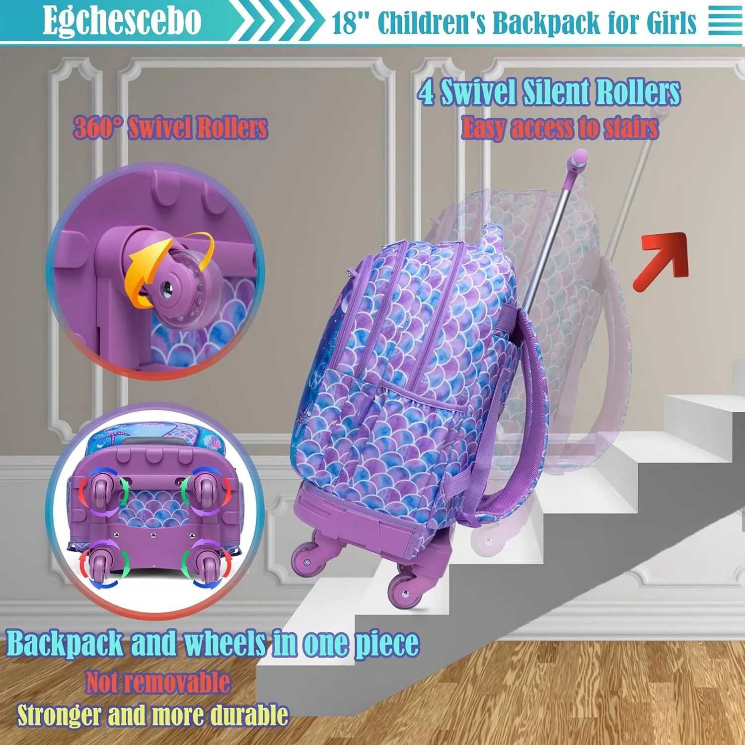 Egchescebo Kids Rolling Backpack for Girls Mermaids Suitcases Trolley Roller Luggage Backpacks with 360° Rotating Wheels 15" Laptop Lunch Box Pencil Case for Elementary 18" Travel School Bag Purple