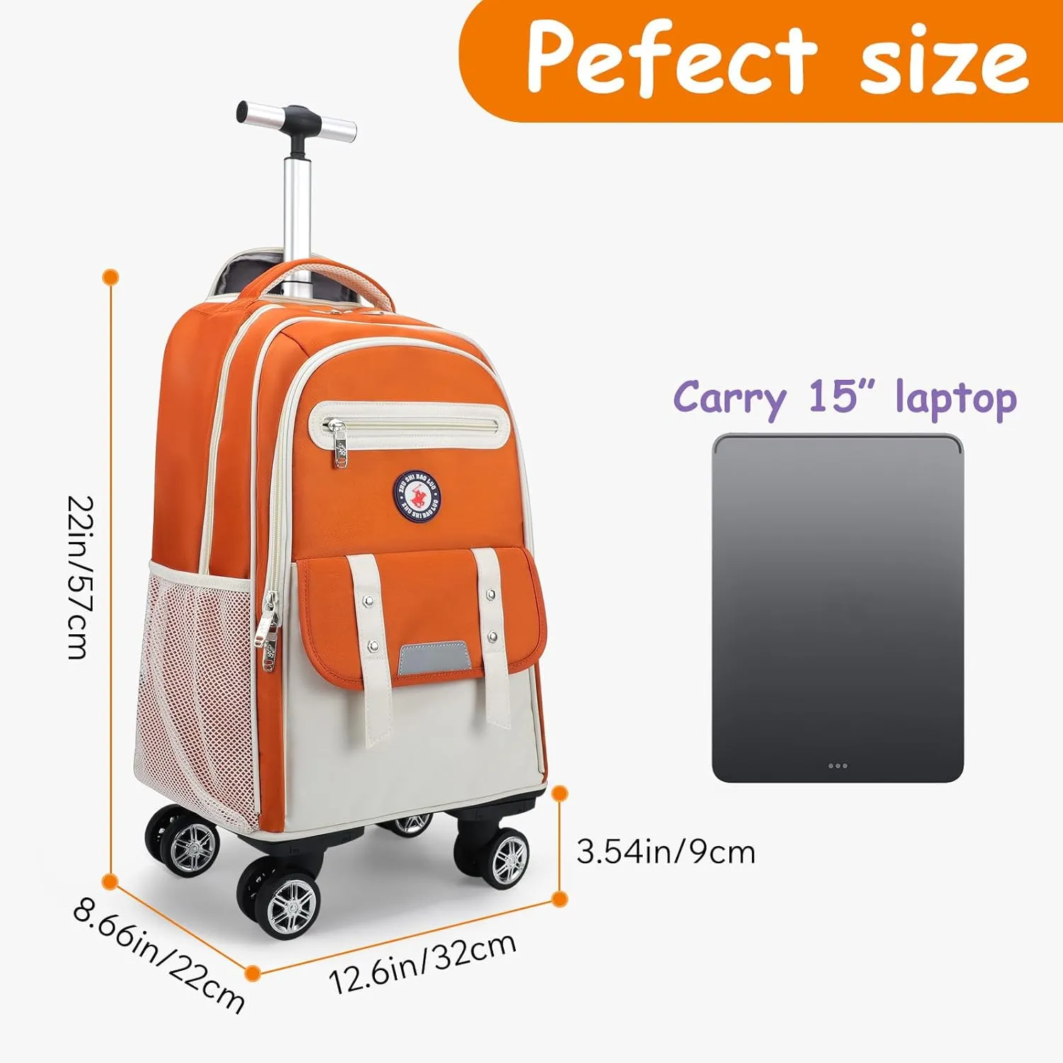Egchescebo Kids Rolling Backpack for Girls Suitcases Trolley Roller Luggage Backpacks with Rotating Wheels Laptop for Elementary 18” Travel School Bag Mochila Ruedas Para Niños Orange