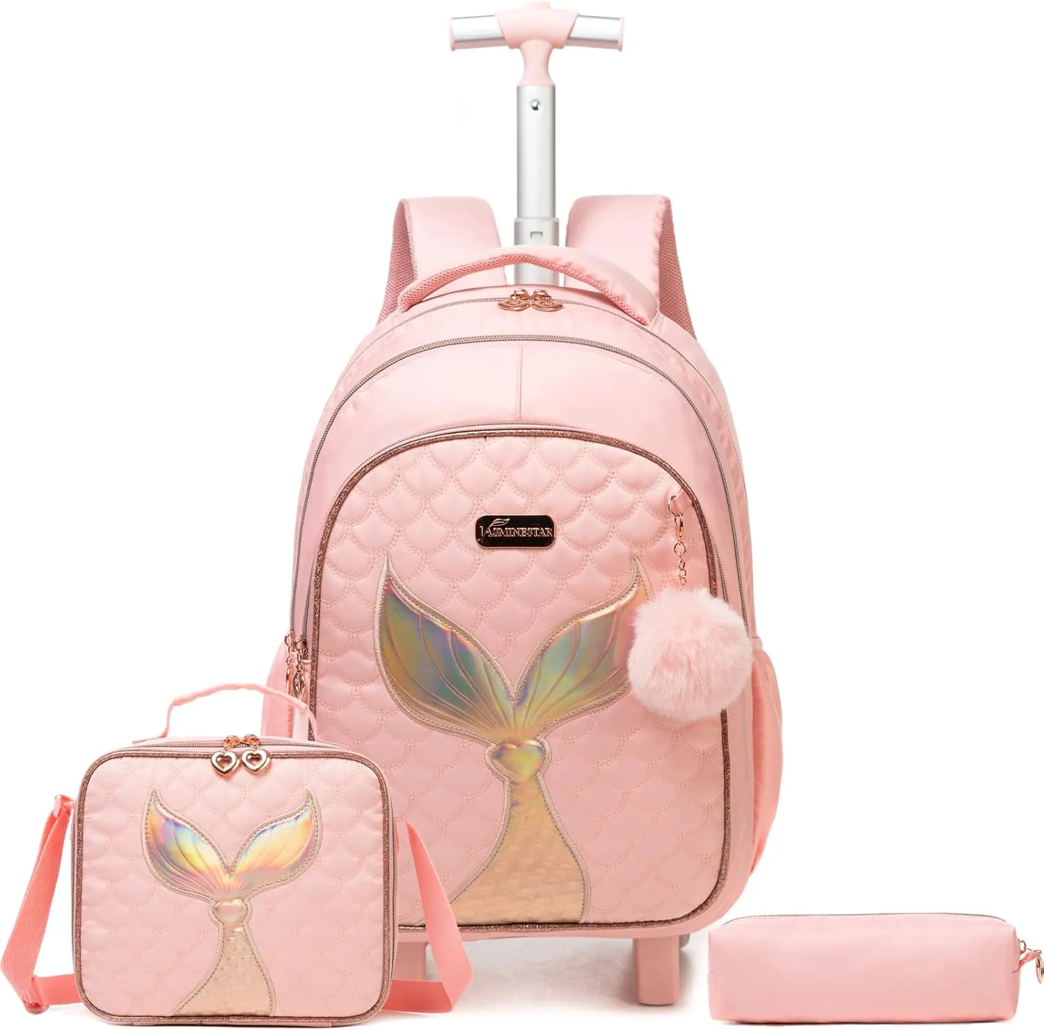 Egchescebo Kids Rolling Backpack for Girls Trolley Suitcases Luggage Travel with Wheels Bookbag Wheeled 17" 3PCS Roller Backpacks Toddler Back Pack School Bags Set for Elementary Mermaids Pink