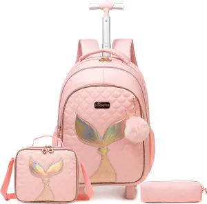 Egchescebo Kids Rolling Backpack for Girls Trolley Suitcases Luggage Travel with Wheels Bookbag Wheeled 17" 3PCS Roller Backpacks Toddler Back Pack School Bags Set for Elementary Mermaids Pink