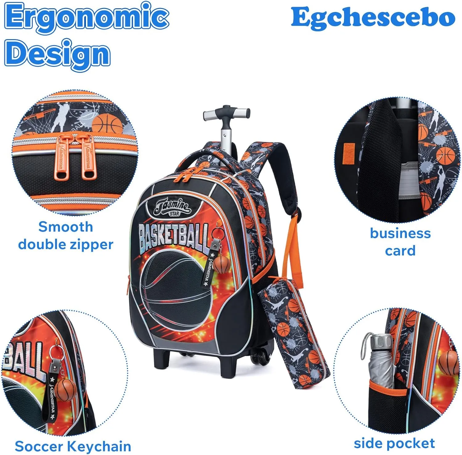 Egchescebo Kids Rolling Basketball Backpack for Boys Trolley Suitcases Luggage Travel with Wheels Bookbag Wheeled 17" 3PCS Roller Backpacks Set Toddler Tote Bag Back Pack School Bags Elementary Red