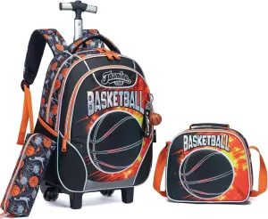 Egchescebo Kids Rolling Basketball Backpack for Boys Trolley Suitcases Luggage Travel with Wheels Bookbag Wheeled 17" 3PCS Roller Backpacks Set Toddler Tote Bag Back Pack School Bags Elementary Red