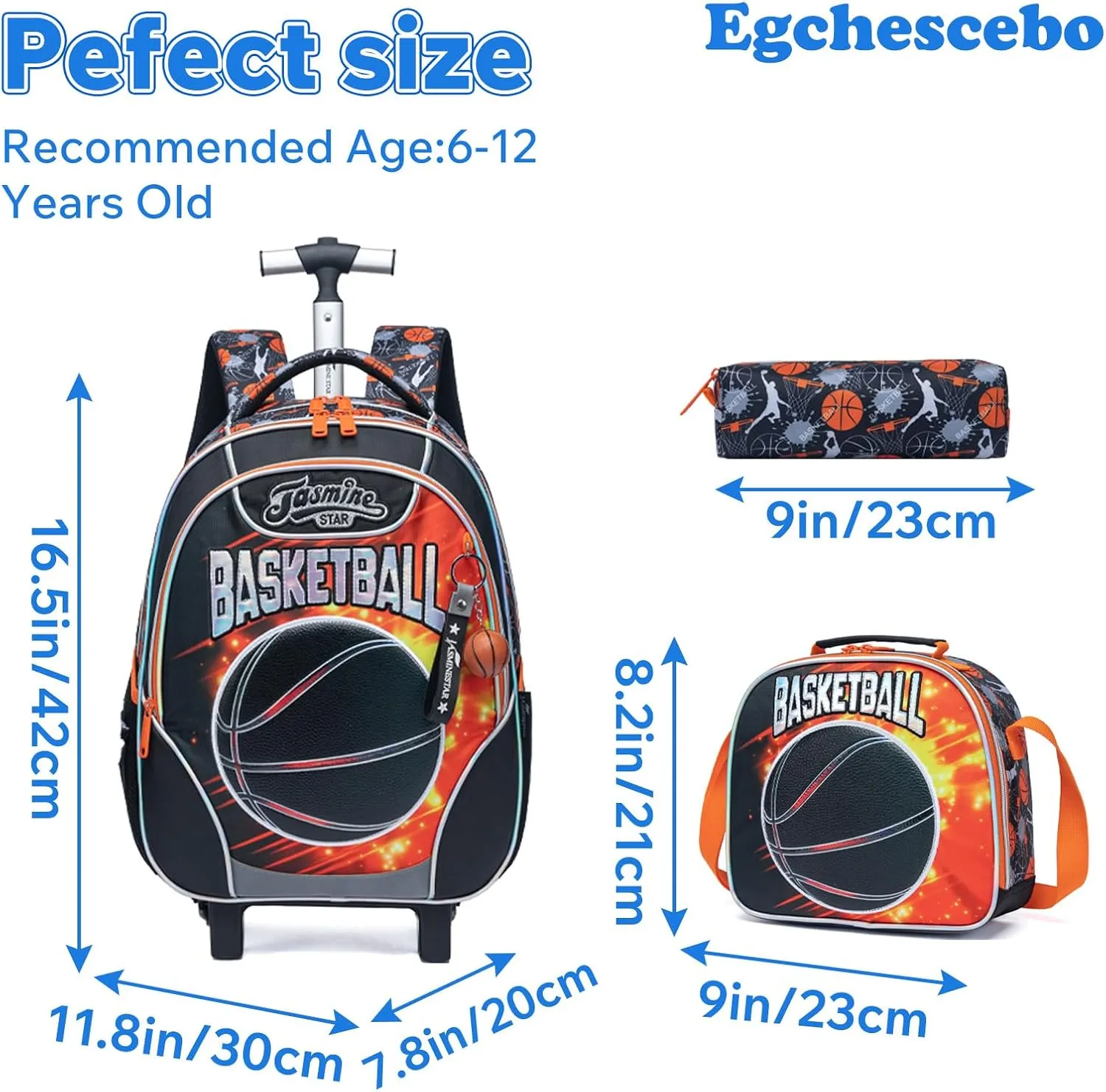 Egchescebo Kids Rolling Basketball Backpack for Boys Trolley Suitcases Luggage Travel with Wheels Bookbag Wheeled 17" 3PCS Roller Backpacks Set Toddler Tote Bag Back Pack School Bags Elementary Red