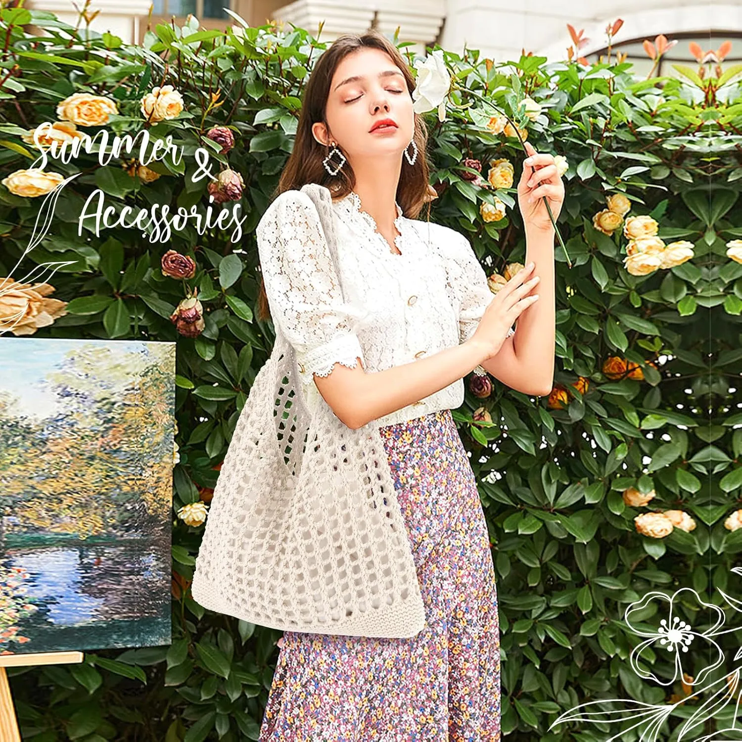 EIMMBD Crochet Bags for Women Beach Totes Bags Aesthetic Summer Tote Shoulder Hippie Bag Knit Bag