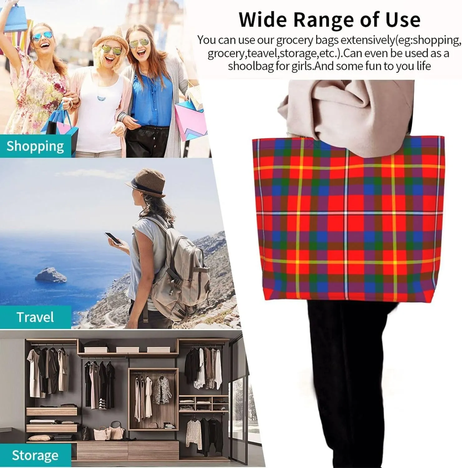 Elliot Ancient Tartan Tote Bag For Women Weekender Travel Bag Reusable Grocery Bags Large Totes Handbags