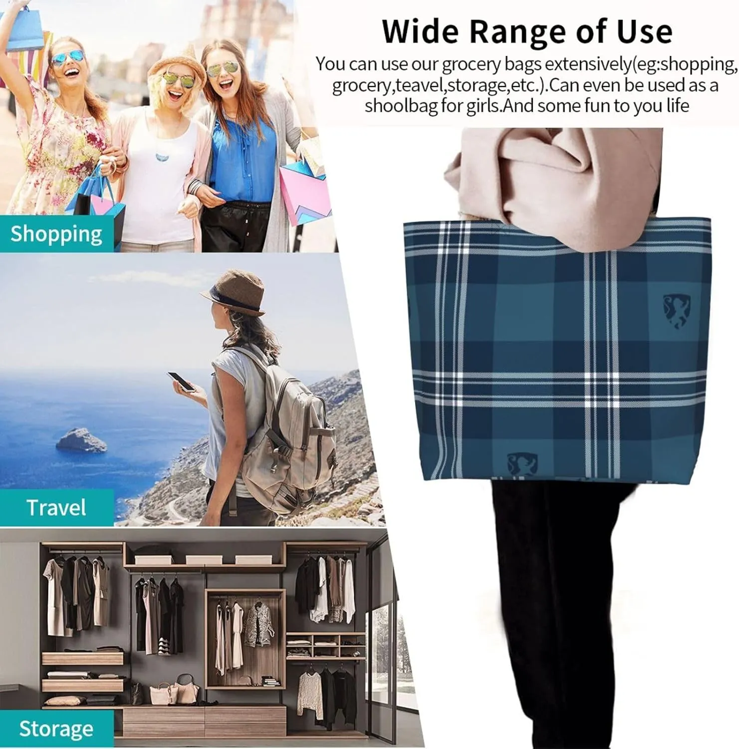 Elliot Ancient Tartan Tote Bag For Women Weekender Travel Bag Reusable Grocery Bags Large Totes Handbags