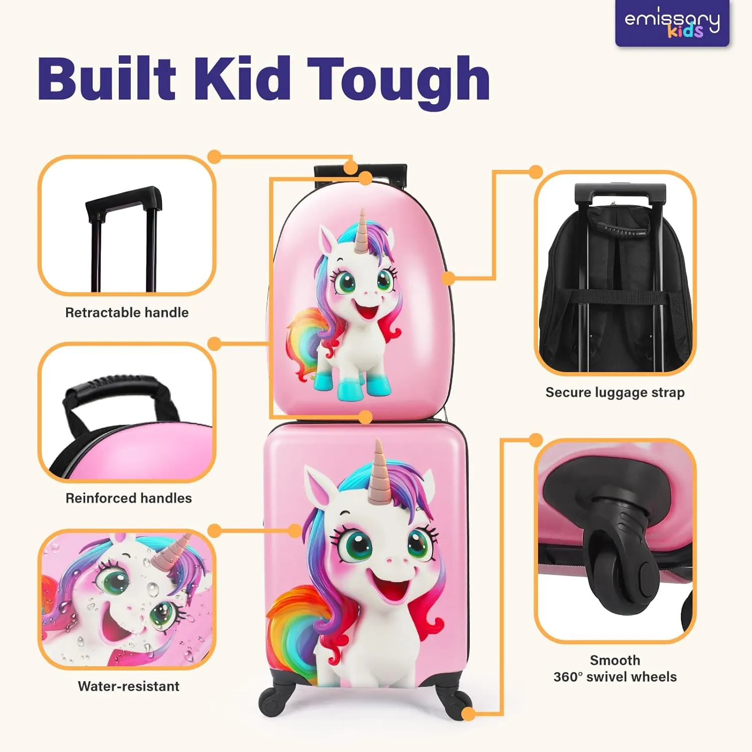 emissary 3 Pieces Unicorn Kids Luggage Set for Girls, 16" Hardside Carry on Luggage with Spinner Wheels, Toddler Suitcases Set Travel Rolling Kid's Luggage Airline Approved
