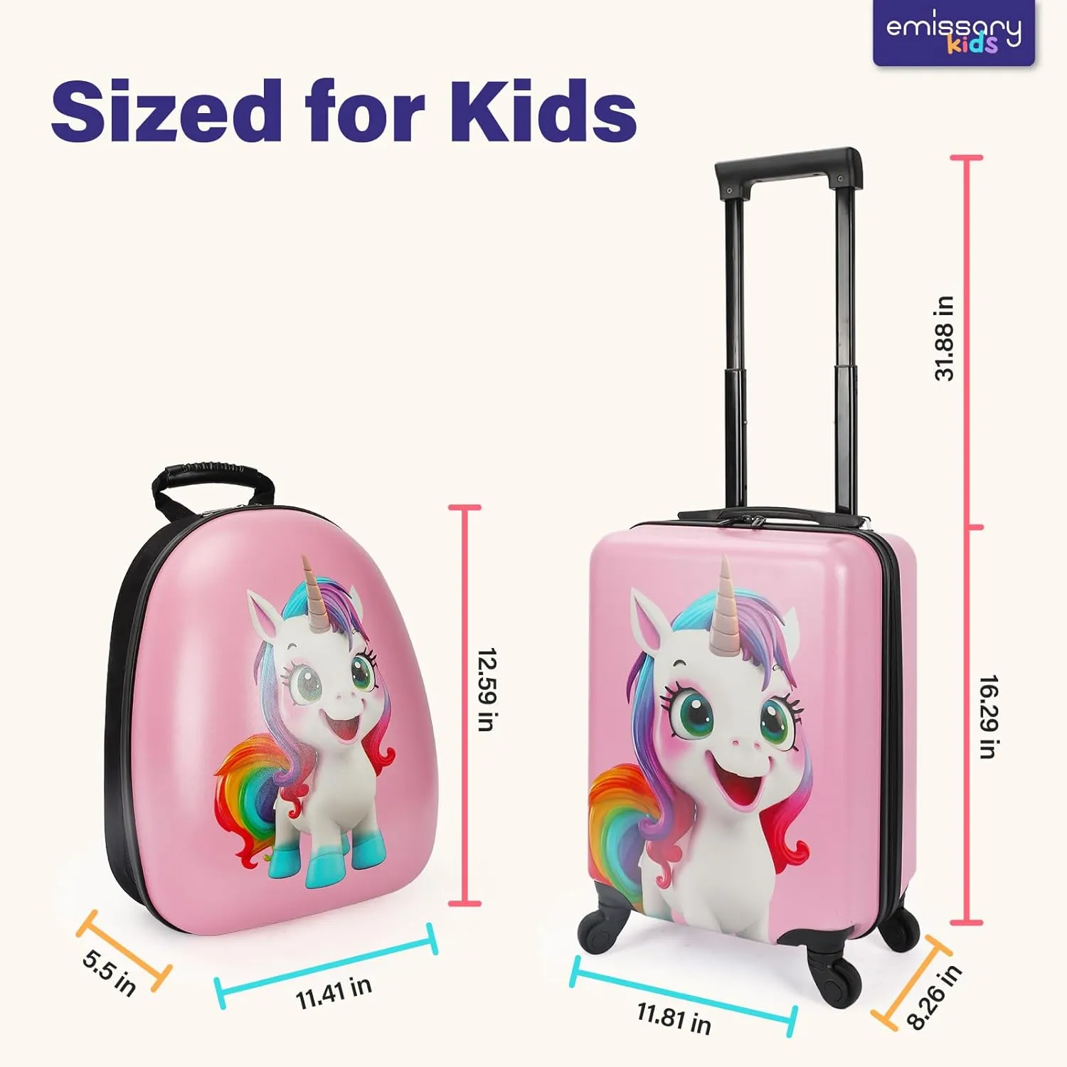 emissary 3 Pieces Unicorn Kids Luggage Set for Girls, 16" Hardside Carry on Luggage with Spinner Wheels, Toddler Suitcases Set Travel Rolling Kid's Luggage Airline Approved