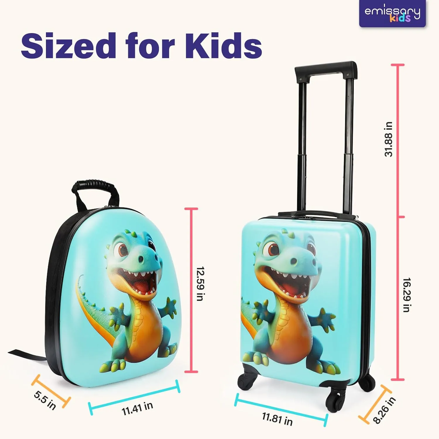 emissary Dinosaur Kids Luggage Set for Boys, 18" Hardside Kids Suitcases With Spinner Wheels, Toddler Carry on Suitcase Travel Rolling Luggage