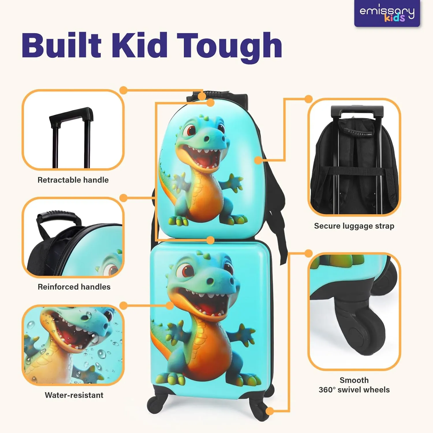 emissary Dinosaur Kids Luggage Set for Boys, 18" Hardside Kids Suitcases With Spinner Wheels, Toddler Carry on Suitcase Travel Rolling Luggage