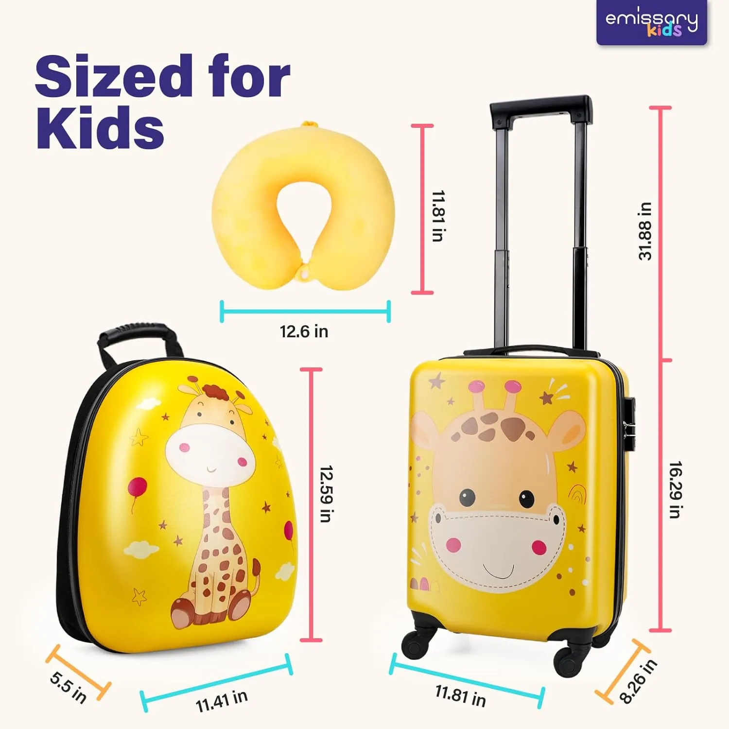 emissary Kids Carry on Luggage Set With Wheels For Girls, Childrens Luggage Set With Backpack and Pillow, Kids Suitcases Travel Rolling Luggage Airline Approved