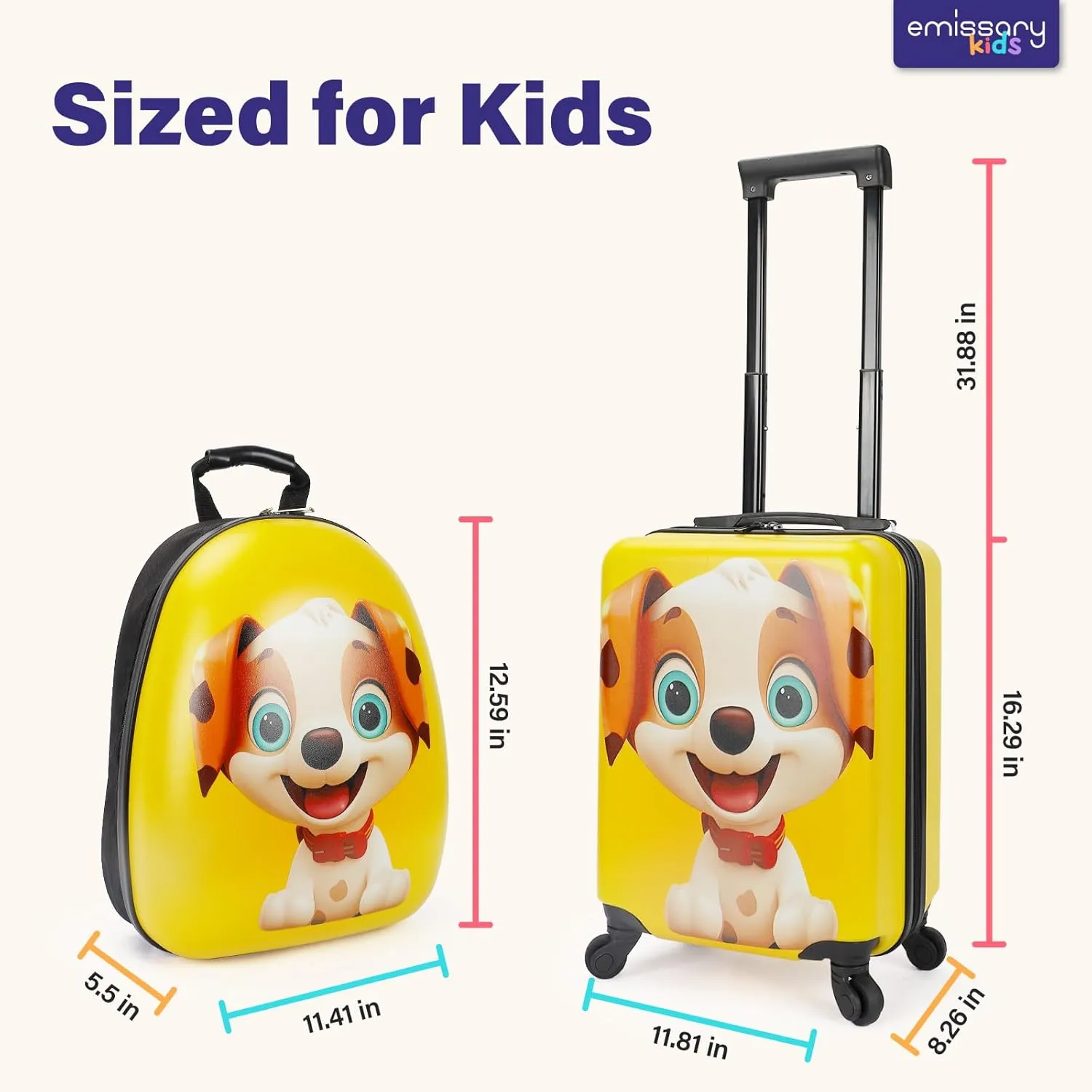 emissary Kids Luggage Set With Wheels For Boys Girls, Toddler 16’’ Hardside Suitcases With Backpack, Puppy Kids Carry on Luggage Set, Children Rolling Suitecase Airline Approved