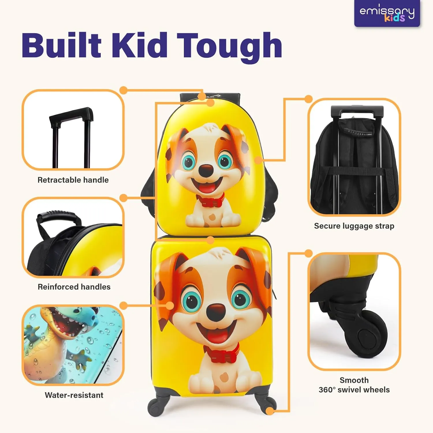 emissary Kids Luggage Set With Wheels For Boys Girls, Toddler 16’’ Hardside Suitcases With Backpack, Puppy Kids Carry on Luggage Set, Children Rolling Suitecase Airline Approved