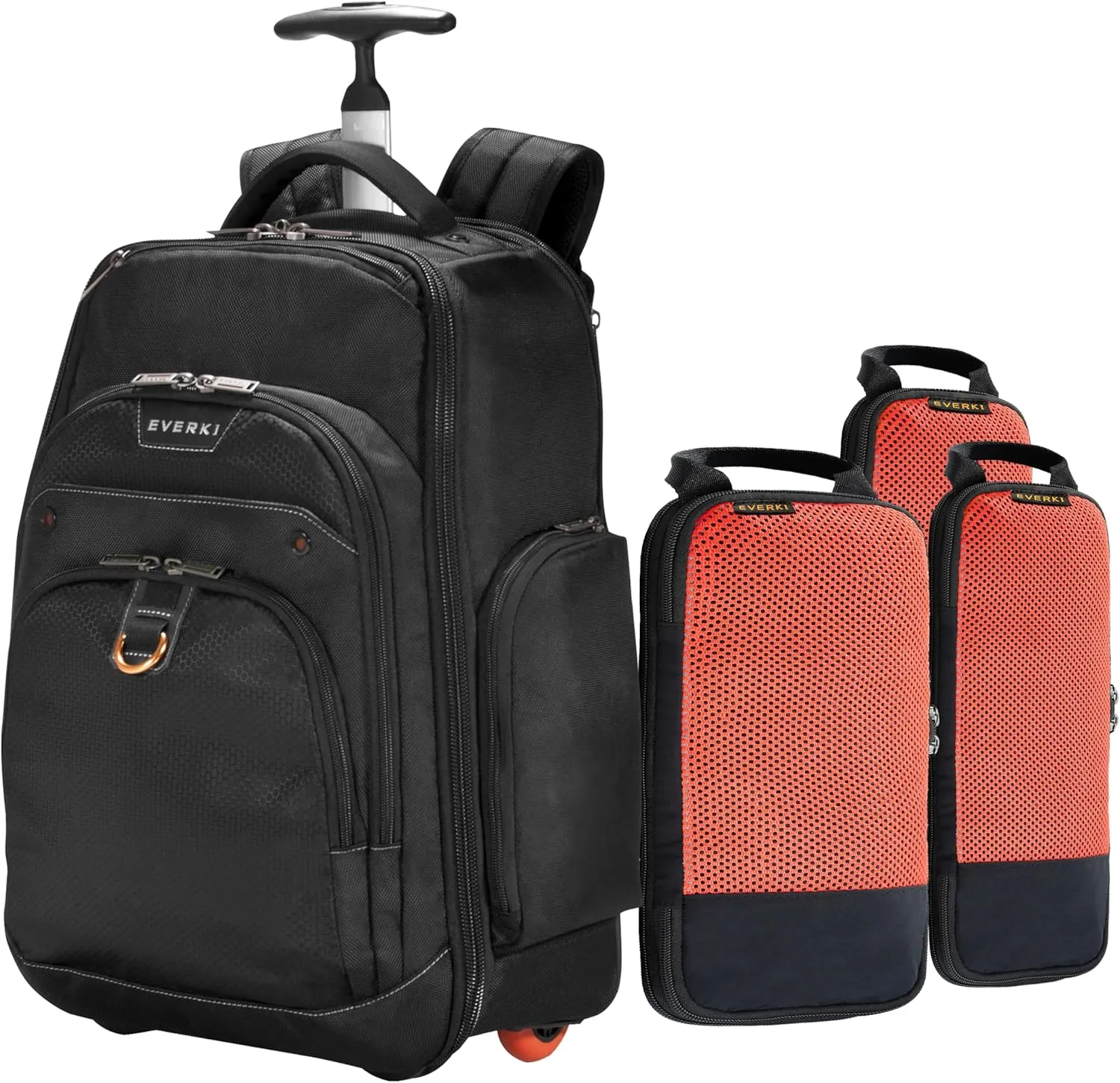 Everki Atlas Wheeled Laptop Backpack & Compressible Packing Cubes Set – 3-Piece Travel Bundle for Business Professionals, Adjustable Compartment & Carry-On Luggage (Black/Orange)