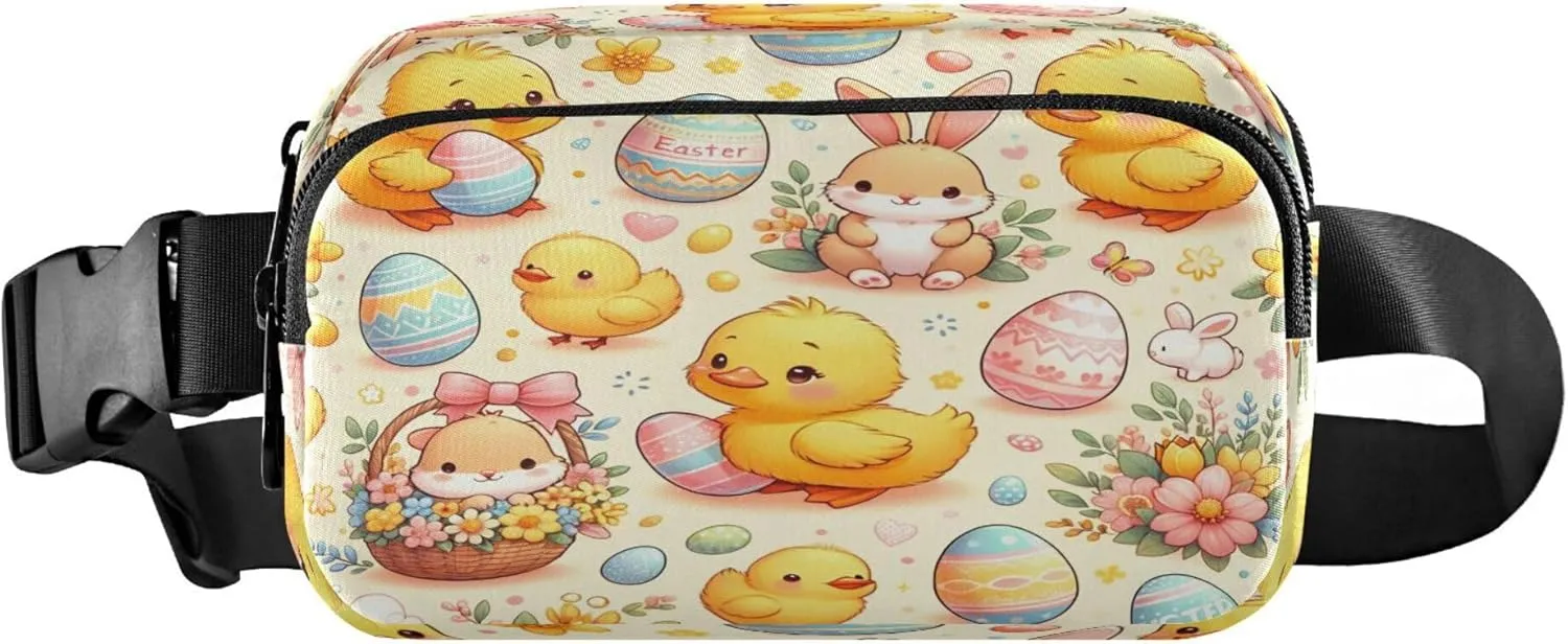 Exnundod Fanny Packs for Women & Men Easter Ducks Rabbits, Waist Pack Cute Pattern Crossbody Bags Belt Adjustable Strap for Running Hiking Workout