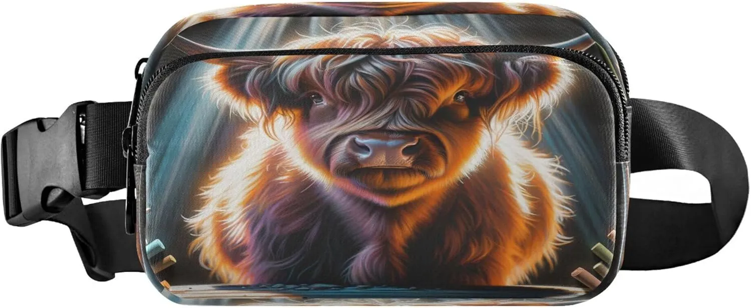 Exnundod Fanny Packs for Women & Men Pastel Highland Cow, Waist Pack Cute Cattle Crossbody Bags Belt Adjustable Strap for Running Hiking Workout