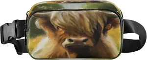 Exnundod Fanny Packs for Women & Men Watercolor Highland Cow, Waist Pack Scotland Cattle Crossbody Bags Belt Adjustable Strap for Running Hiking Workout