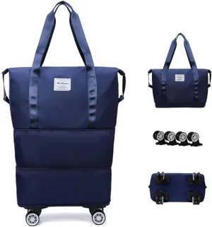 Expandable Carry Luggage Bag with Wheels Foldable Rolling Duffle Bag Large Capacity Dry Wet Separation Travel Bag Lightweight Suitcases for Men Women(Deep Blue)