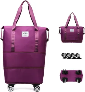 Expandable Carry Luggage Bag with Wheels Foldable Rolling Duffle Bag Large Capacity Dry Wet Separation Travel Bag Lightweight Suitcases for Men Women(Magenta)