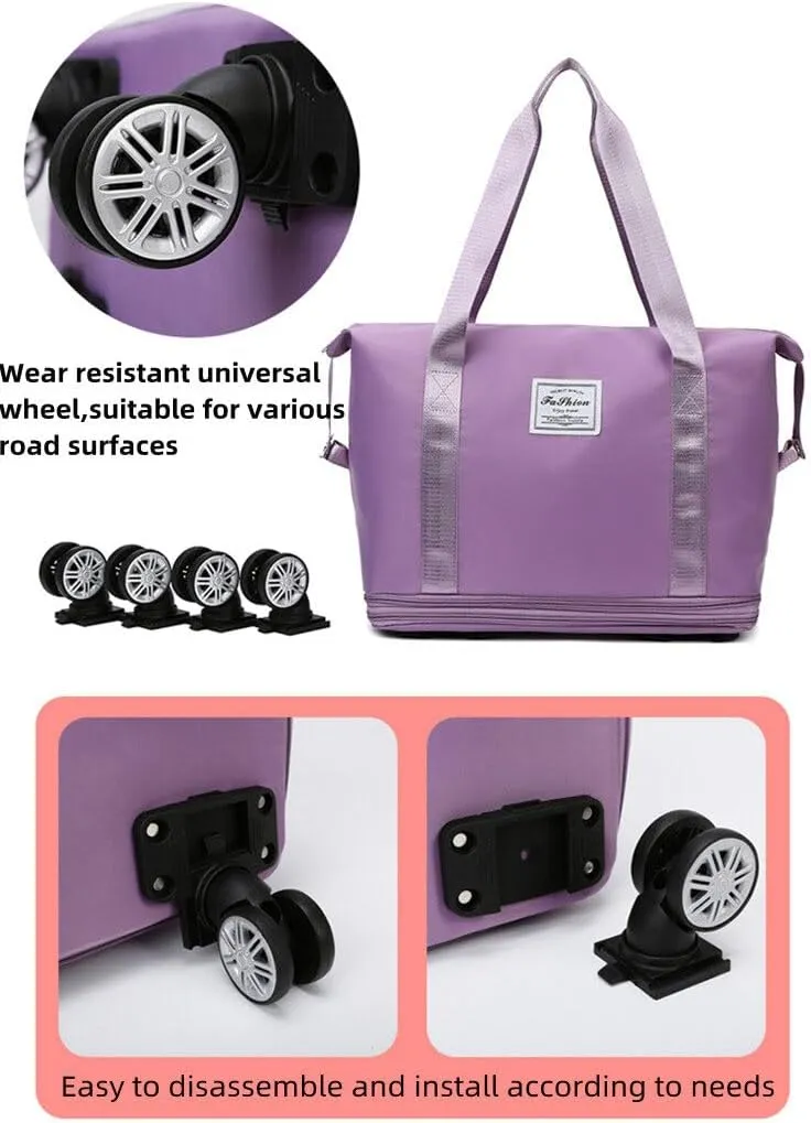 Expandable Carry Luggage Bag with Wheels Foldable Rolling Duffle Bag Large Capacity Dry Wet Separation Travel Bag Lightweight Suitcases for Men Women(Magenta)
