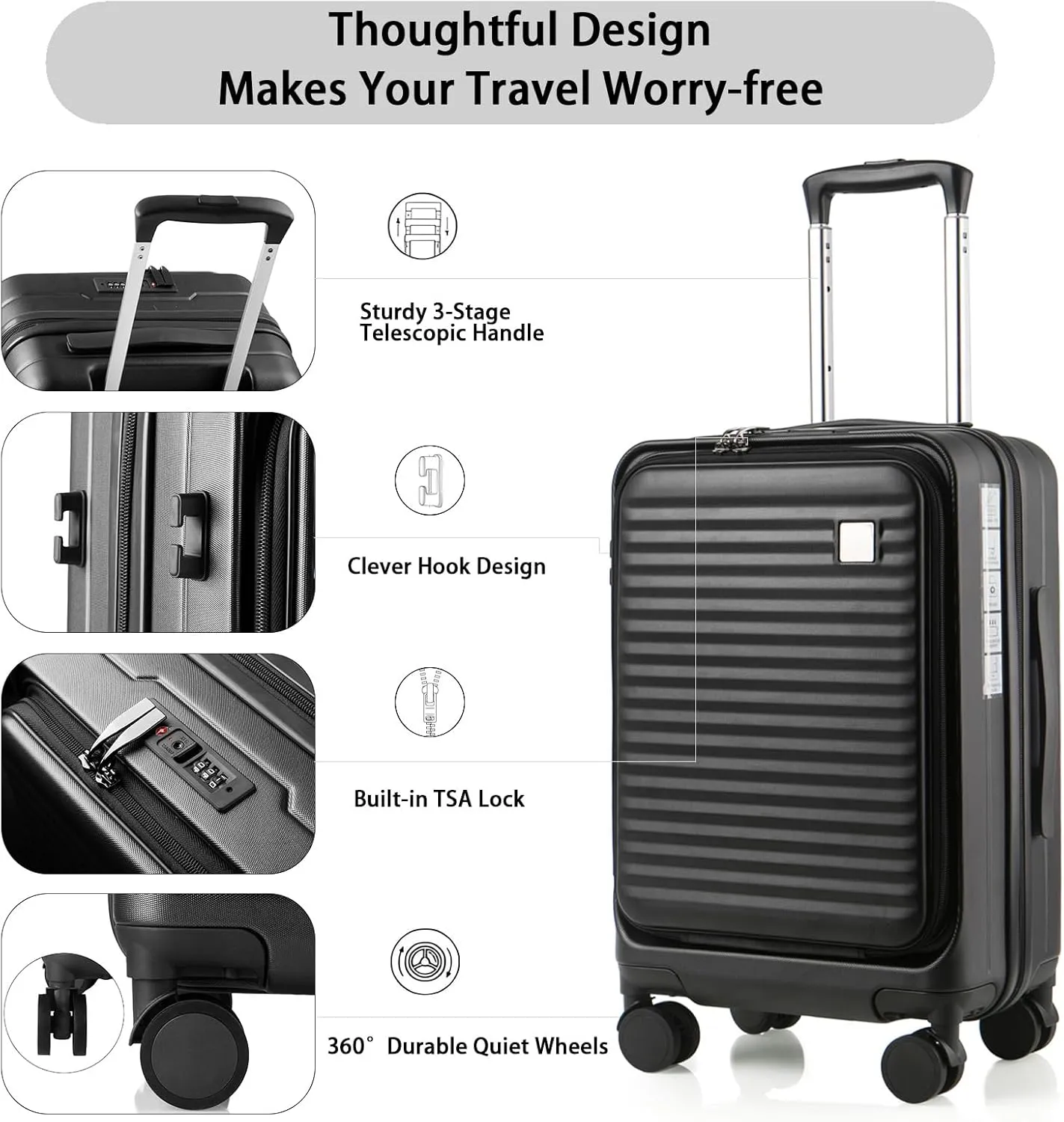 Expandable Carry On Luggage Durable Hardside Lightweight Rolling Suitcases with Spinner Wheels TSA Lock, (Black, 20-Inch)