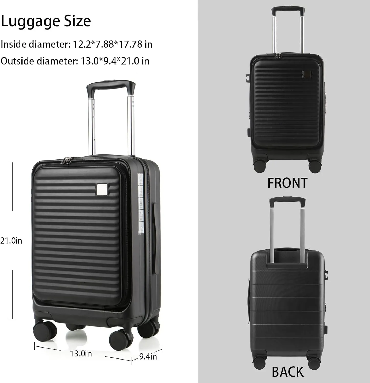Expandable Carry On Luggage Durable Hardside Lightweight Rolling Suitcases with Spinner Wheels TSA Lock, (Black, 20-Inch)