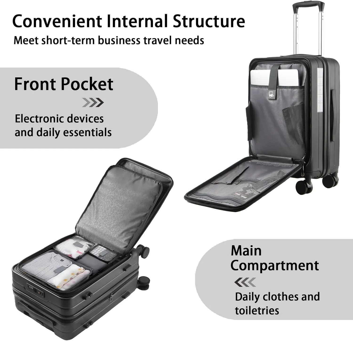 Expandable Carry On Luggage Durable Hardside Lightweight Rolling Suitcases with Spinner Wheels TSA Lock, (Black, 20-Inch)