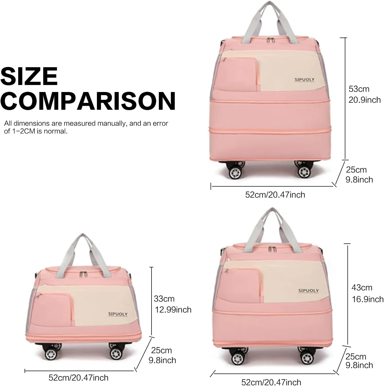 Expandable Foldable Duffel Bag Rolling Duffle Bag with Detachable Wheels Travel Luggage Bag Convertible Gym Bag Travel Bag Large Weekend Bag for Men Women (White)