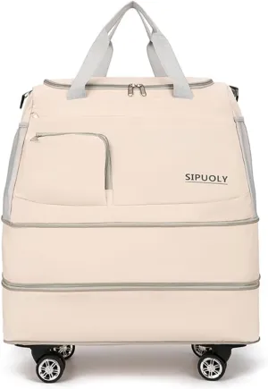 Expandable Foldable Duffel Bag Rolling Duffle Bag with Detachable Wheels Travel Luggage Bag Convertible Gym Bag Travel Bag Large Weekend Bag for Men Women (White)