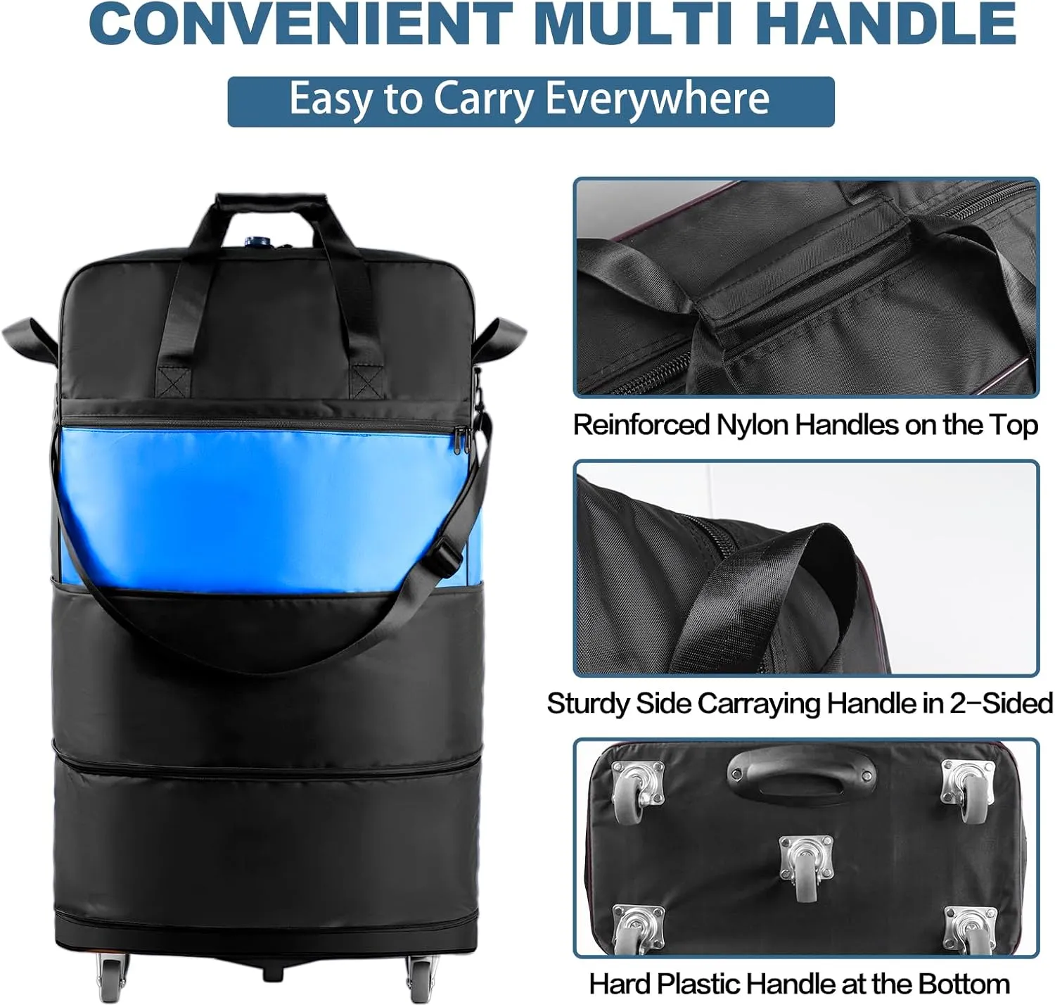 Expandable Foldable Suitcase with Bottom Handle Collapsible Luggage Bag with Wheels Large Capacity Lightweight Carry-on Suitcases Rolling Travel Duffel Bag for Women and Men,BLACK