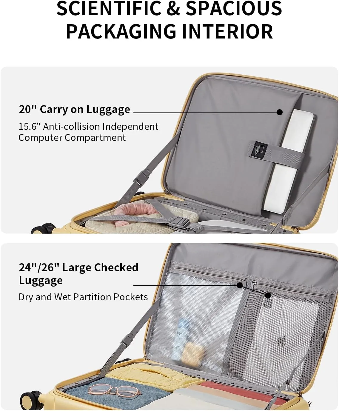 Expandable Top Open 24 Inch Checked Luggage with Spinner Wheels, Large Suitcase with TSA Lock, Hardside Travel Luggage Suitcases for Men Women, for 14 Days Travel, Cheese Yellow