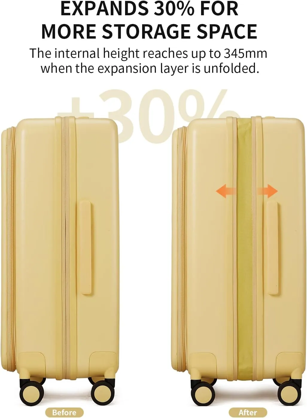 Expandable Top Open 24 Inch Checked Luggage with Spinner Wheels, Large Suitcase with TSA Lock, Hardside Travel Luggage Suitcases for Men Women, for 14 Days Travel, Cheese Yellow