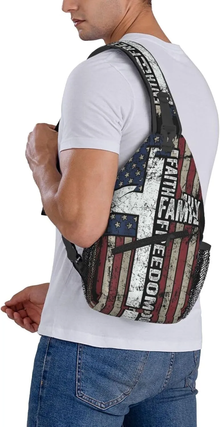 Faith Family Freedom Christian Vintage Usa Flag Sling Bag Chest Bags Casual Crossbody Bag Travel Shoulder Backpack