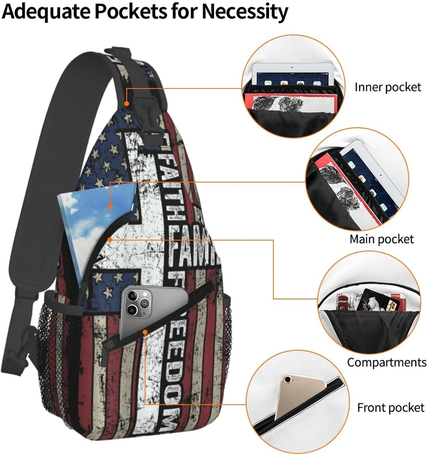 Faith Family Freedom Christian Vintage Usa Flag Sling Bag Chest Bags Casual Crossbody Bag Travel Shoulder Backpack