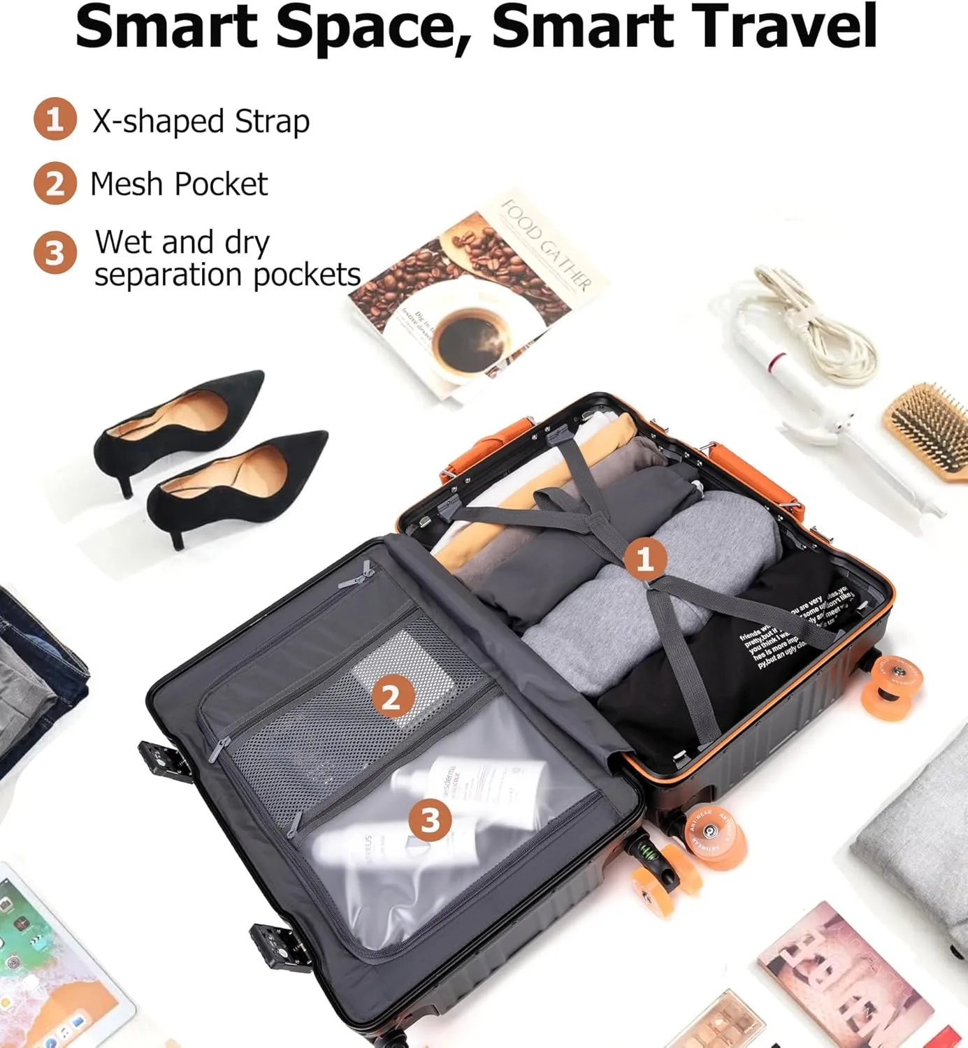 feilario 24in Aluminum Frame Wide Handle Hard Shell Carry On Suitcase - Vivid Colors Double Spinner Wheels Airline Approved Rolling Luggage with TSA Lock & Cup Holder (Black, 24in)