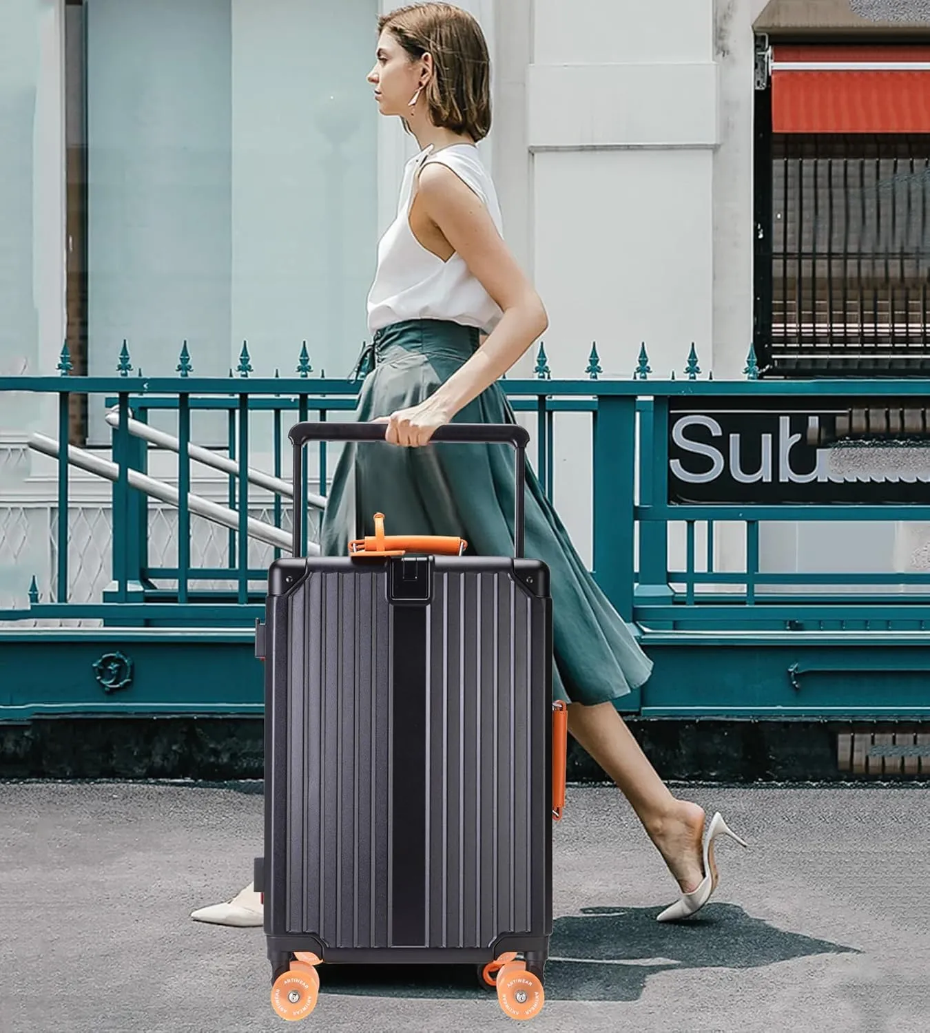 feilario 24in Aluminum Frame Wide Handle Hard Shell Carry On Suitcase - Vivid Colors Double Spinner Wheels Airline Approved Rolling Luggage with TSA Lock & Cup Holder (Black, 24in)