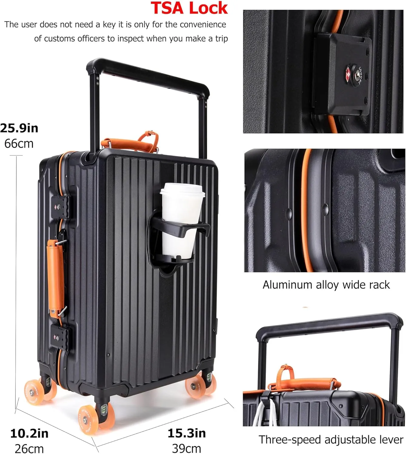 feilario 24in Aluminum Frame Wide Handle Hard Shell Carry On Suitcase - Vivid Colors Double Spinner Wheels Airline Approved Rolling Luggage with TSA Lock & Cup Holder (Black, 24in)