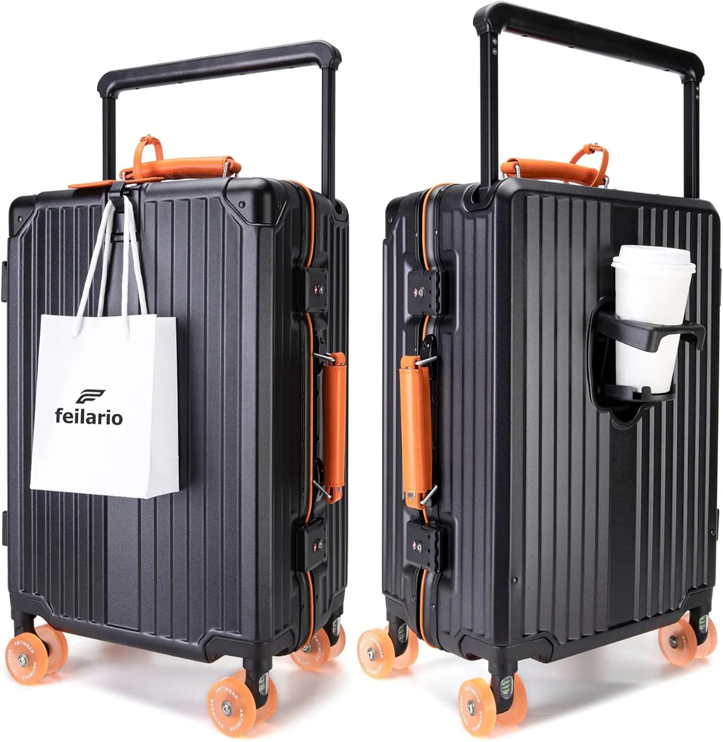 feilario 24in Aluminum Frame Wide Handle Hard Shell Carry On Suitcase - Vivid Colors Double Spinner Wheels Airline Approved Rolling Luggage with TSA Lock & Cup Holder (Black, 24in)