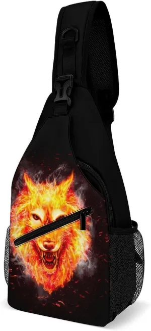 Fire Flaming Wolf Crossbody Sling Backpack Multipurpose Chest Bag Casual Shoulder Bag Travel Hiking Daypack