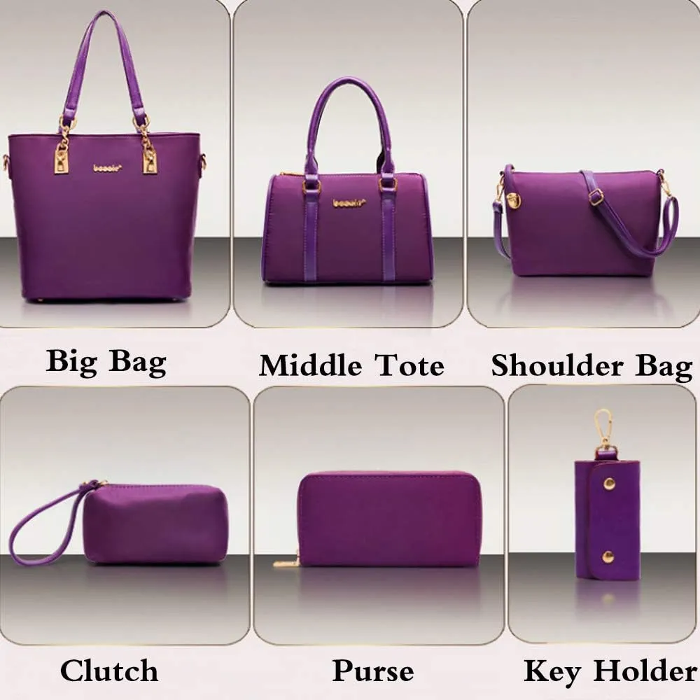 FiveloveTwo Women Ladies 6 Pcs Handbag Set Hobo Top Handle Bag Totes Satchels Crossbody Shoulder Bags Purse Clutch