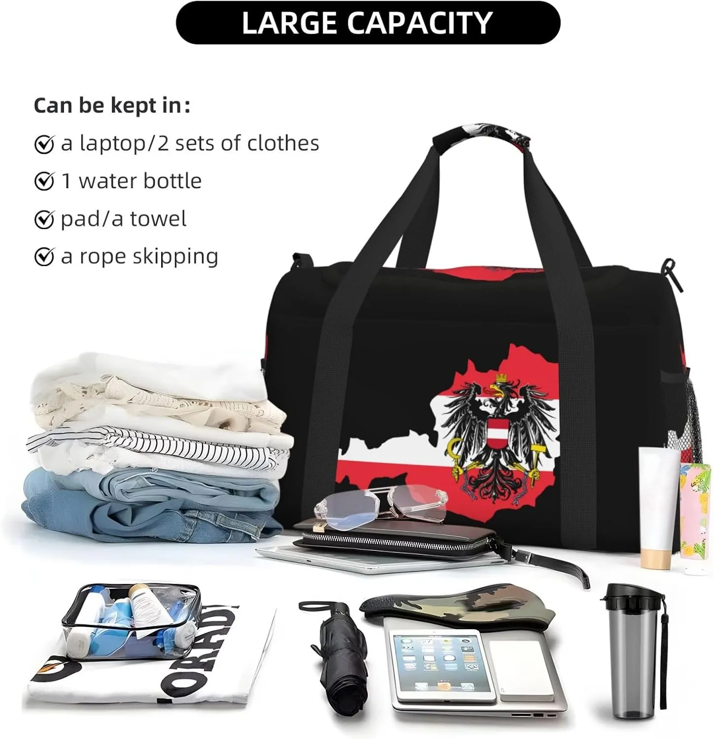 Flag Map Of Austria Travel Duffel Bag Large Foldable Waterproof Overnight Bag For Beach Swim Bags Pool Sports Gym