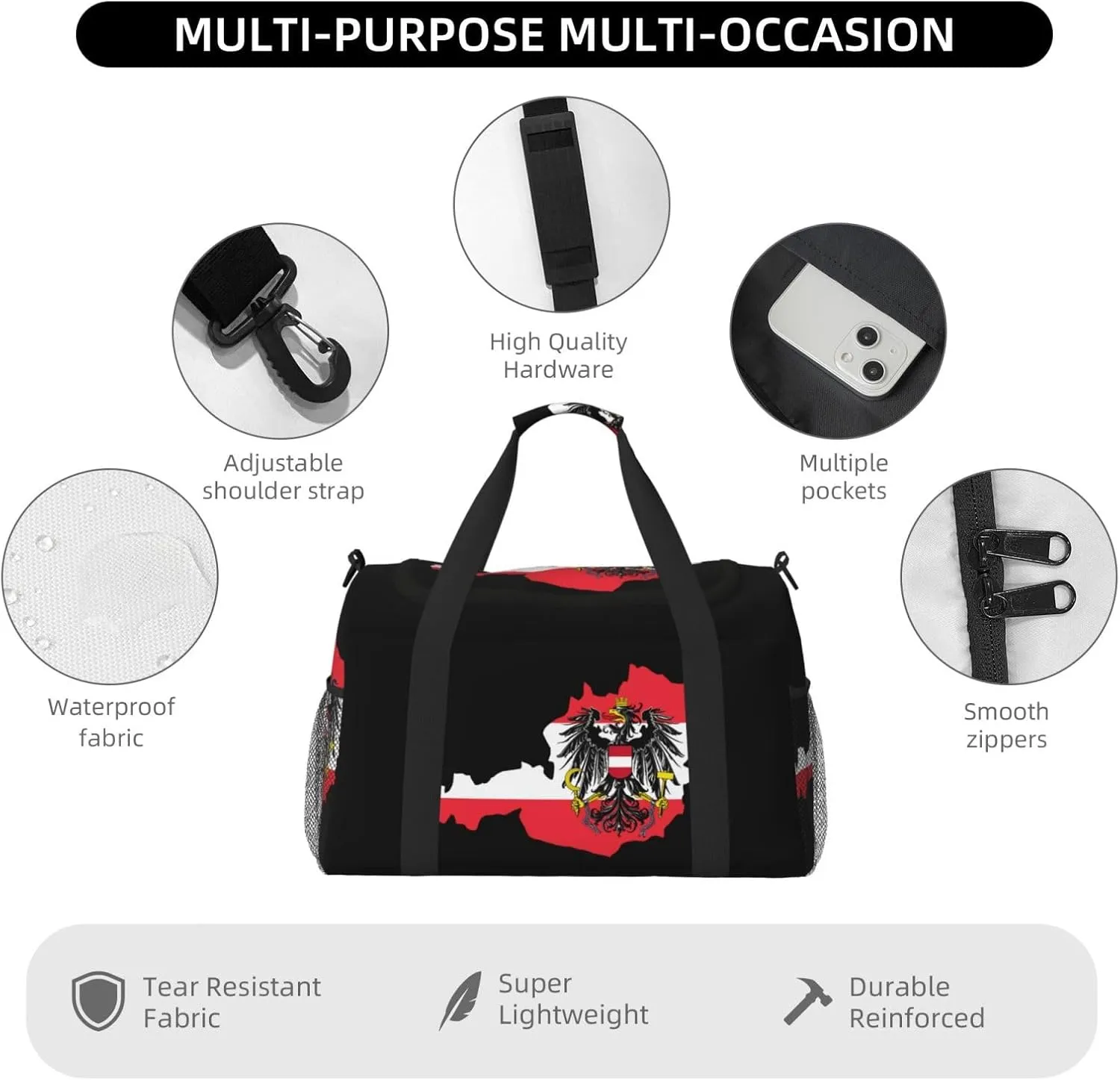 Flag Map Of Austria Travel Duffel Bag Large Foldable Waterproof Overnight Bag For Beach Swim Bags Pool Sports Gym