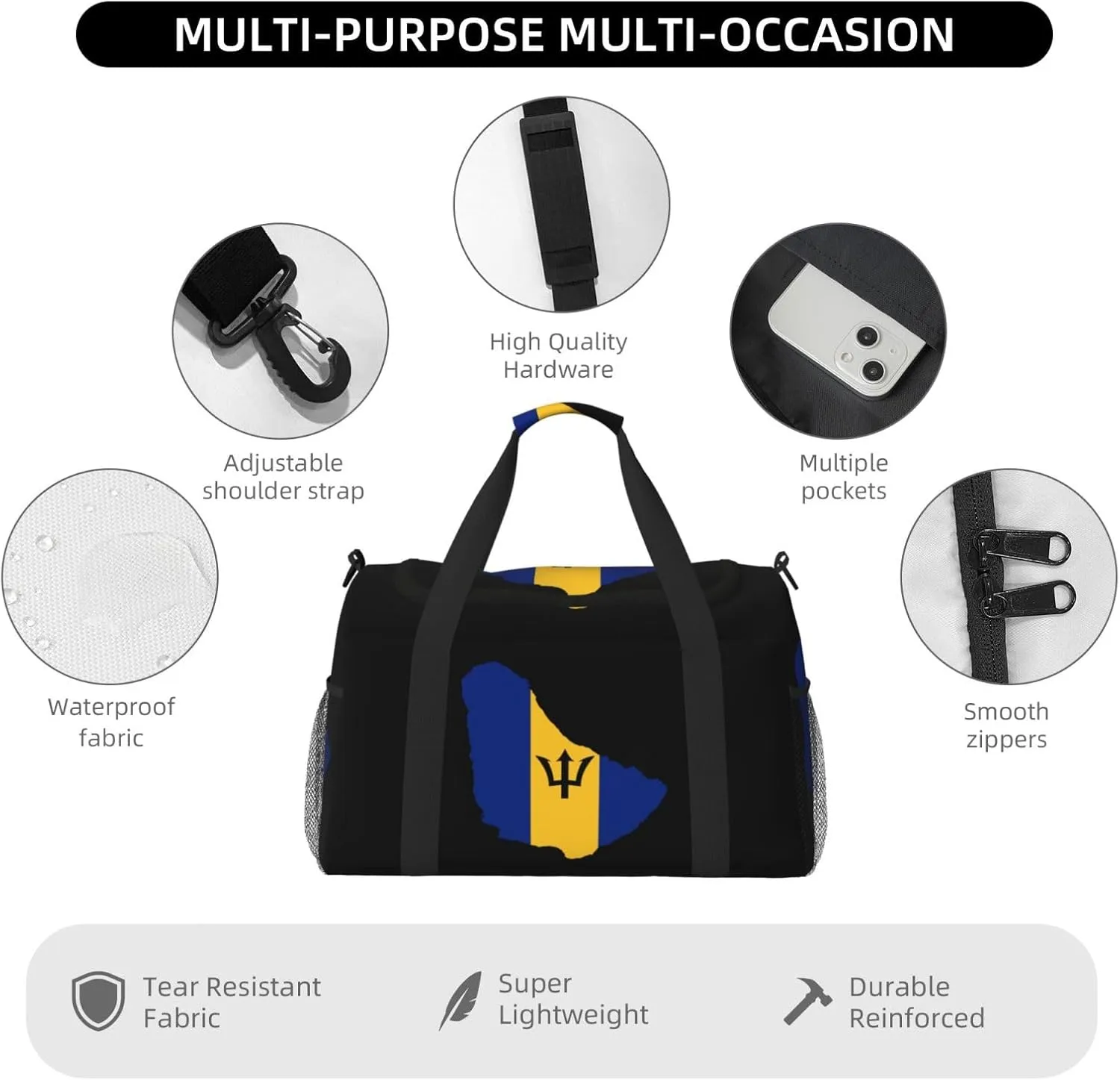 Flag Map Of Barbados Travel Duffel Bag Large Foldable Waterproof Overnight Bag For Beach Swim Bags Pool Sports Gym