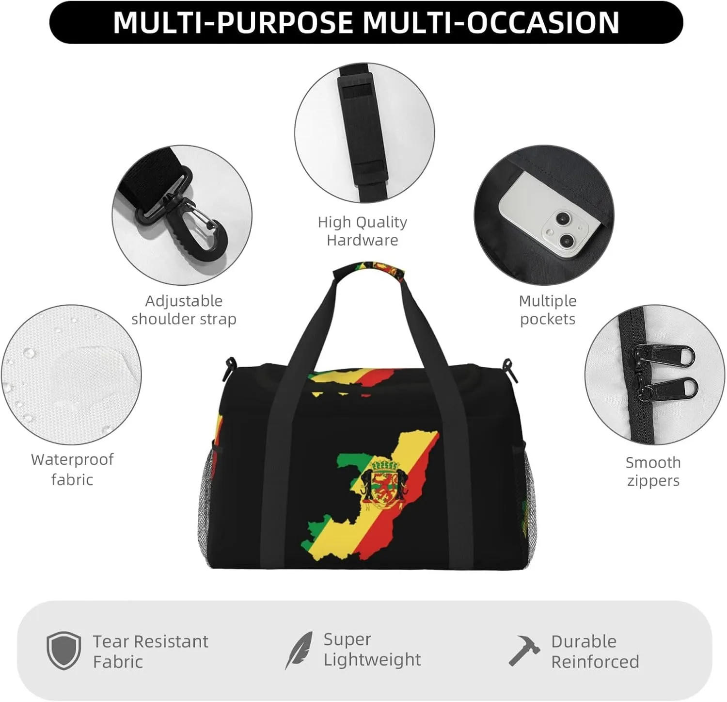 Flag Map Of Congo Travel Duffel Bag Large Foldable Waterproof Overnight Bag For Beach Swim Bags Pool Sports Gym