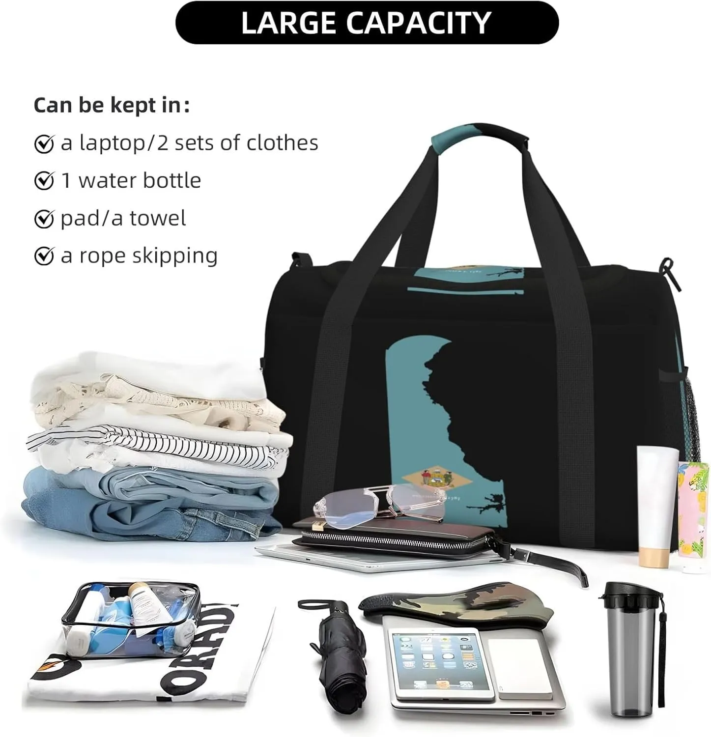 Flag Map Of Delaware Travel Duffel Bag Large Foldable Waterproof Overnight Bag For Beach Swim Bags Pool Sports Gym