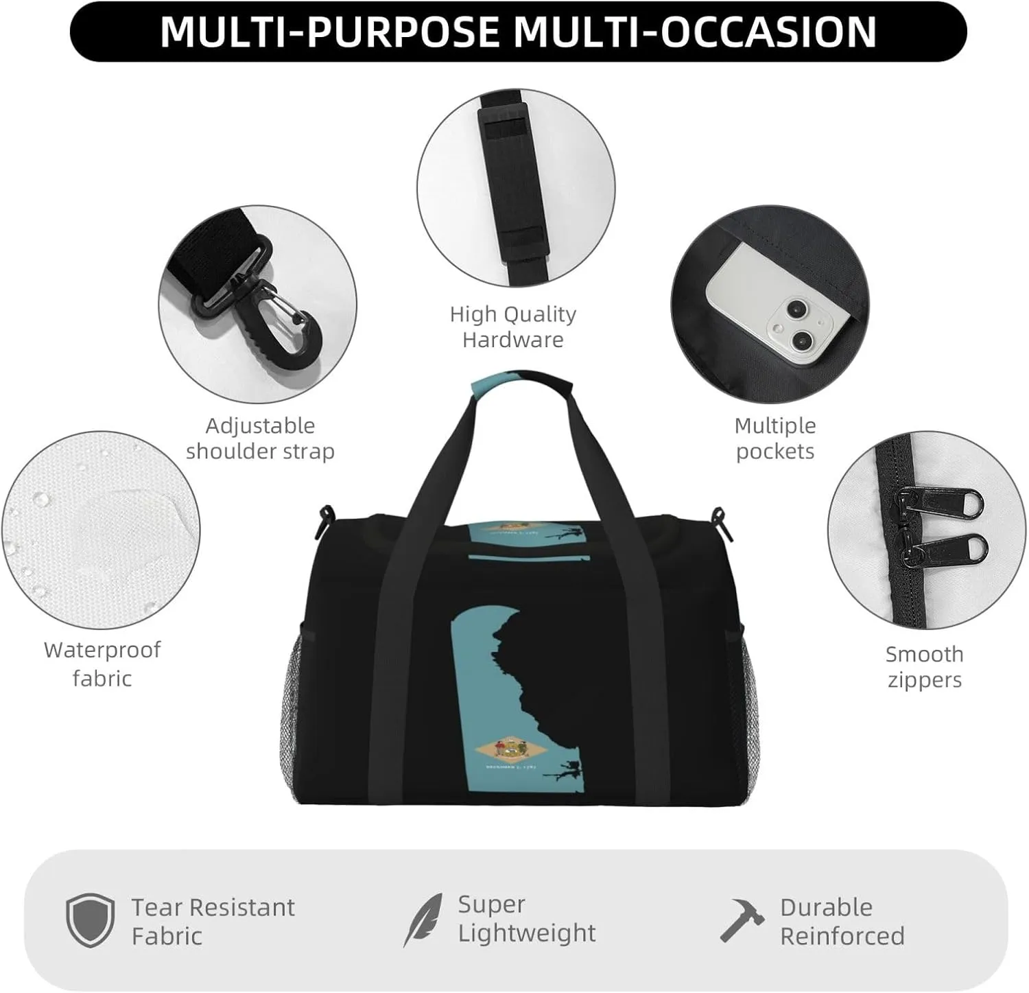 Flag Map Of Delaware Travel Duffel Bag Large Foldable Waterproof Overnight Bag For Beach Swim Bags Pool Sports Gym