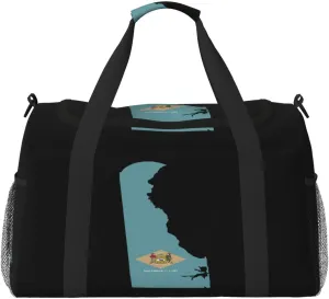 Flag Map Of Delaware Travel Duffel Bag Large Foldable Waterproof Overnight Bag For Beach Swim Bags Pool Sports Gym