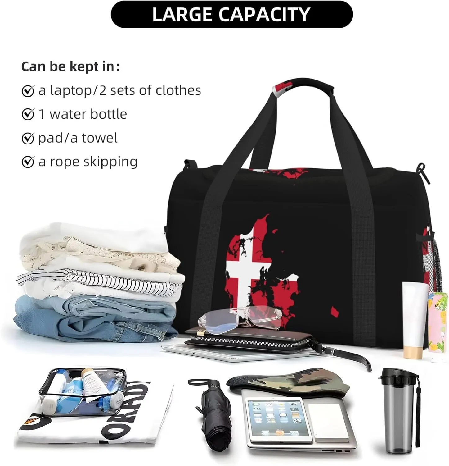 Flag Map Of Denmark Travel Duffel Bag Large Foldable Waterproof Overnight Bag For Beach Swim Bags Pool Sports Gym