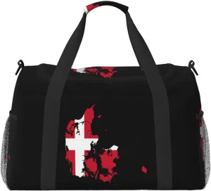 Flag Map Of Denmark Travel Duffel Bag Large Foldable Waterproof Overnight Bag For Beach Swim Bags Pool Sports Gym