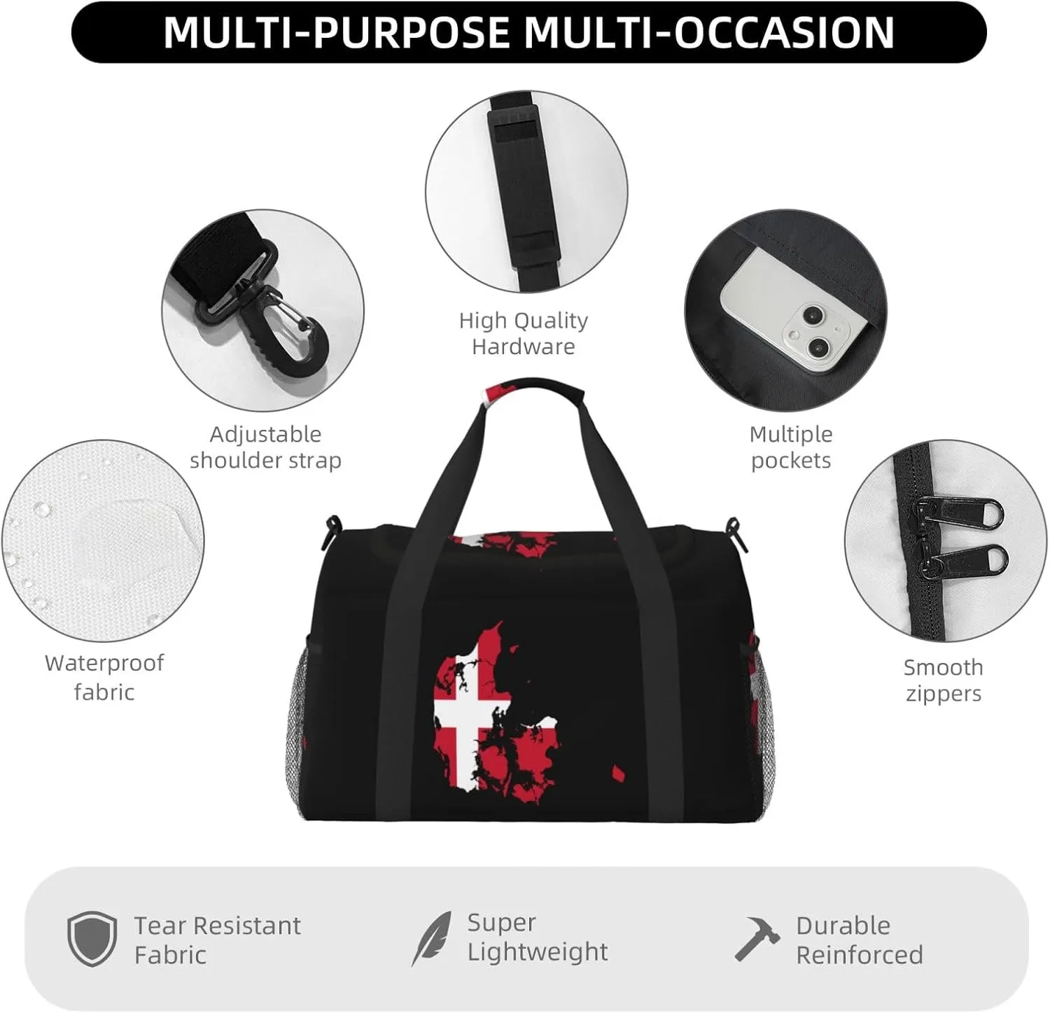 Flag Map Of Denmark Travel Duffel Bag Large Foldable Waterproof Overnight Bag For Beach Swim Bags Pool Sports Gym